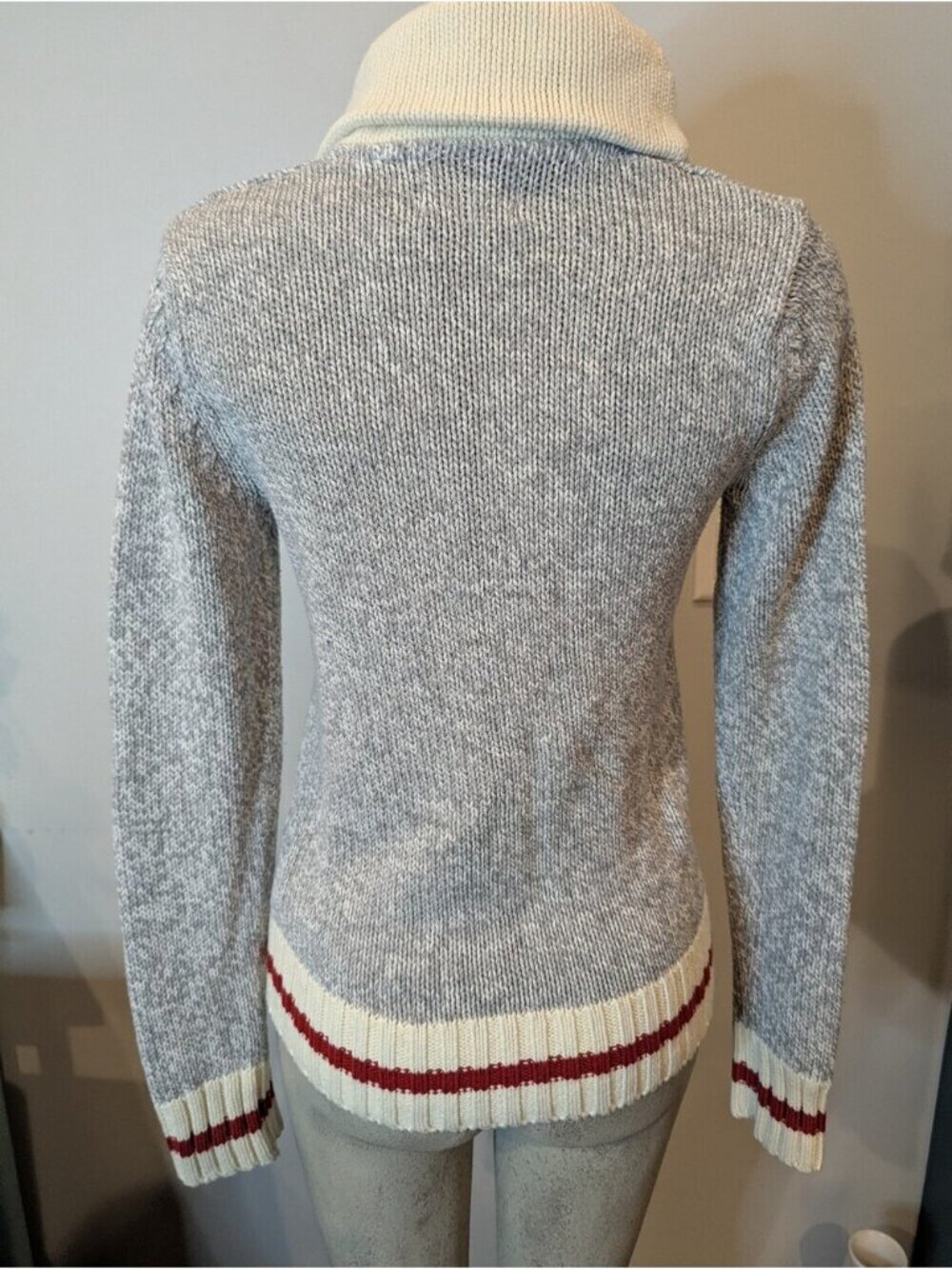 Sock Monkey Style Cowl Neck Sweater Gray & Ivory With Red Strip Cuffs Size Xs — image 5 of 7